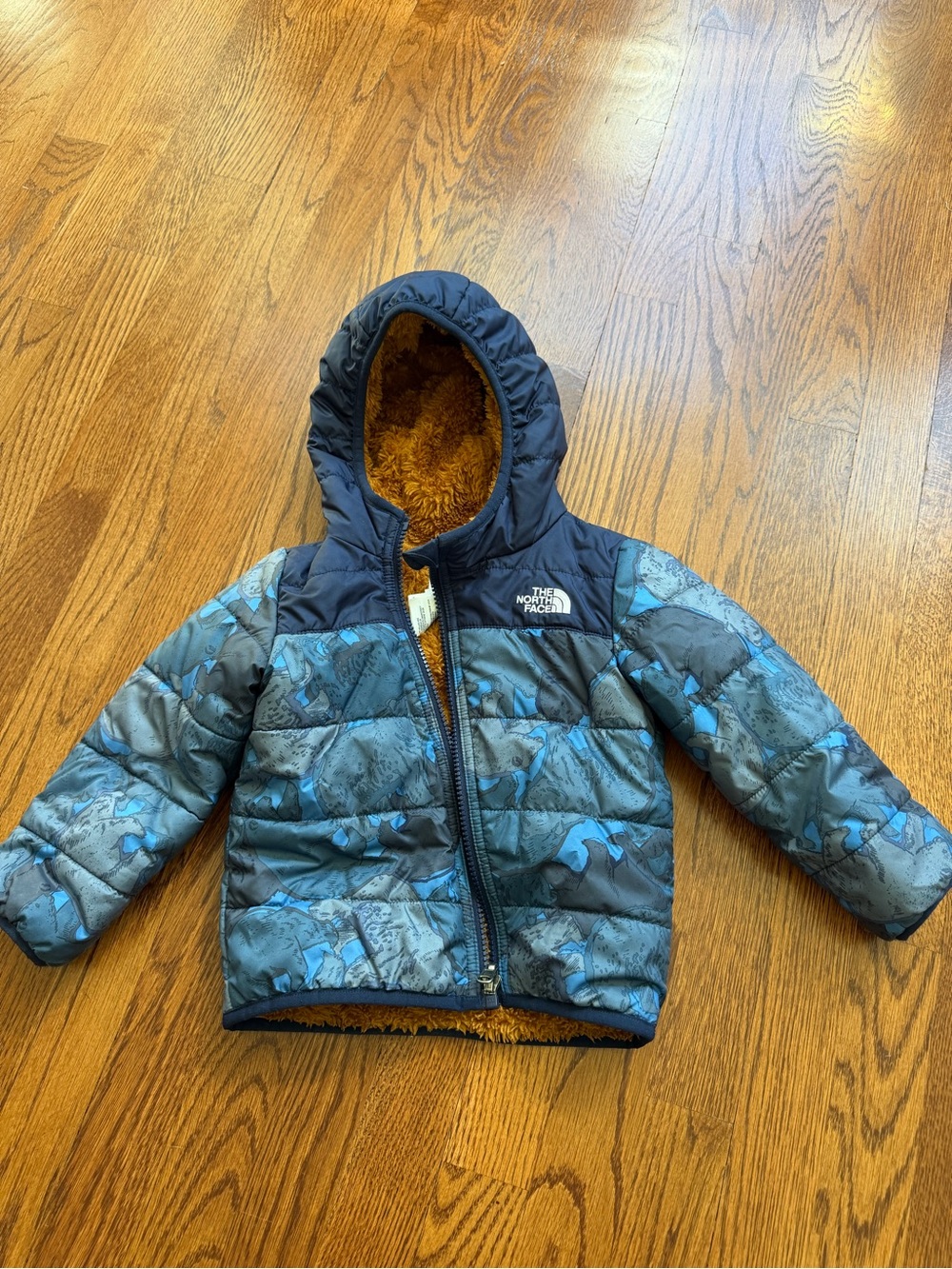 The North Face Kids Blue Camo Puffer Jacket with Hood Reversible